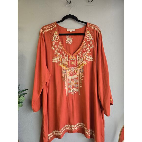 Solitaire Tops - Solitaire Embroidered Boho Tunic Top Rust Orange Plus Size 2X Rayon Long Sleeve